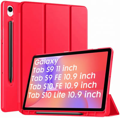 Casemania Hoes Geschikt voor Samsung Galaxy Tab S10 Lite 10.9" / Tab S10 FE 11" / Tab S9 11" / Tab S9 FE 11" - Rood - Tri-Fold Case met S-Pen Houder - Smart Cover - Auto-Wake/Sleep