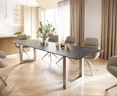 Eettafel Edge keramiek Laminam® Nero Greco grijs 300x100 roestvrij staal breed