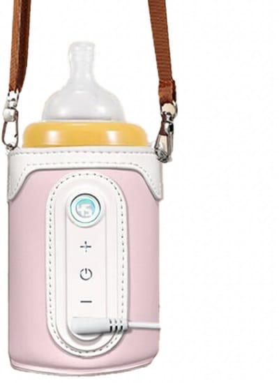 KYDDOI Flessenwarmer - Flessenwarmer onderweg - 40°C tot 65°C 26 versnellingen - moet opladen, via auto-energie, mobiele telefoonoplader, mobiele powerbank - Roze