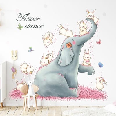 Muursticker | Olifant met Konijntjes | Wanddecoratie | Muurdecoratie | Slaapkamer | Kinderkamer | Babykamer | Jongen | Meisje | Decoratie Sticker