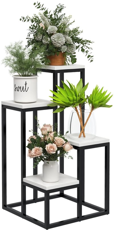 Bloemenrek, 4 Lagen, Voor Binnen En Buiten, Metalen Frame, 34L x 34B x 70H cm, Zwart+Wit