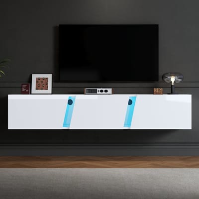 MODFU - Wandgemonteerd Tv-Meubel - Zwevend - Met Ledverlichting - Modern - Woonkamer - Spaanplaat En Acryl - Wit - 180 X 35 X 30 Cm
