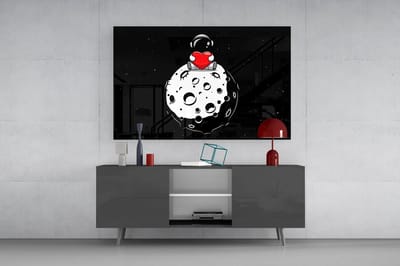 Glasschilderij Astronaut met Hart – Moderne Wanddecoratie – Ruimte Design – Premium Kwaliteit - 90 x 60 cm