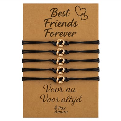 Vriendschapsarmbandjes voor 5 "Best Friends Forever" - Knoopjes - BFF Armbandjes met Persoonlijk Cadeau Kaartje - Goudkleurig - Elastisch Verstelbaar - Pax Amare