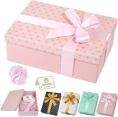 Grote Cadeaubox met Deksel, Vouwbare Cadeauverpakking met Stippatroon, Inclusief Raffia, Wenskaart en Strik - Perfect voor Verjaardag, Bruiloft en Kerst - 25 x 18 x 8,5 cm