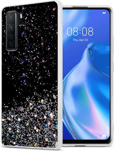 Cadorabo Hoesje geschikt voor Huawei P40 LITE 5G / NOVA 7 SE in Zwart met Glitter - Beschermhoes van flexibel TPU silicone met fonkelende glitters Case Cover Etui