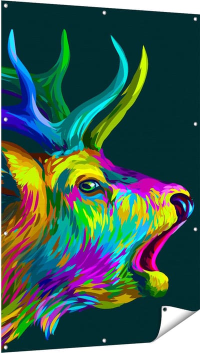 Gards Tuinposter Hertenkop - Hert - Abstract - Kleur - 100x150 cm - Tuindoek - Tuindecoratie - Wanddecoratie buiten - Tuinschilderij