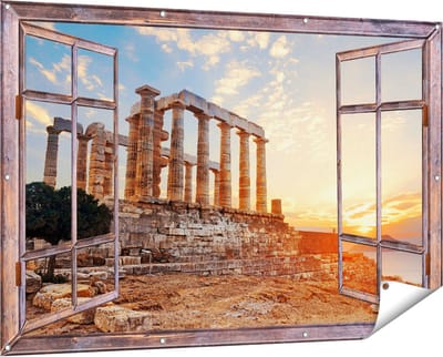 Gards Tuinposter Doorkijk Tempel van Poseidon in Athene, Griekenland - 150x100 cm - Tuindoek - Tuindecoratie - Wanddecoratie buiten - Tuinschilderij