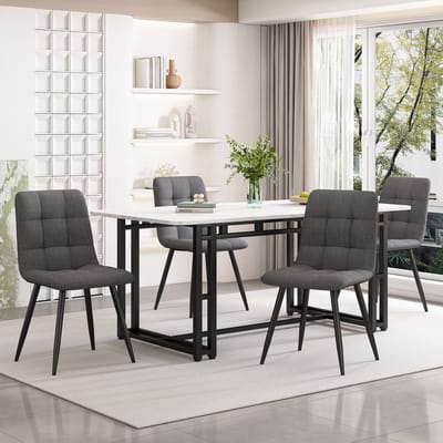 Sweiko 140x80cm Zwarte eettafel set met 4 stoelen, moderne keuken eettafel set, donker grijs linnen eettafel stoelen, zwart ijzeren been tafel