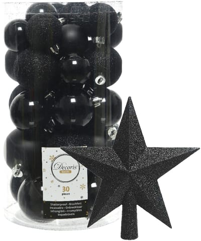 Decoris kerstballen 30x stuks - zwart 4/5/6 cm kunststof mat/glans/glitter mix - en kunststof piek 19 cm