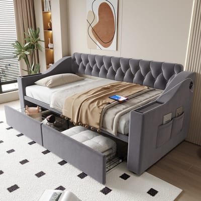DESMIU Gestoffeerde Slaapbank 90x190 cm – USB-Laadpoort en Opbergarmleuningen – Met 2 Opberglades – Zonder Matras – Voor Slaapkamer – Donkergrijs