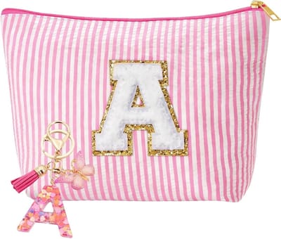 Persoonlijke Make-up Tas met Sleutelhanger en Initialen, Perfecte Cadeaus voor Moeders, Vriendinnen en Zussen in Roze Bohemian Stijl