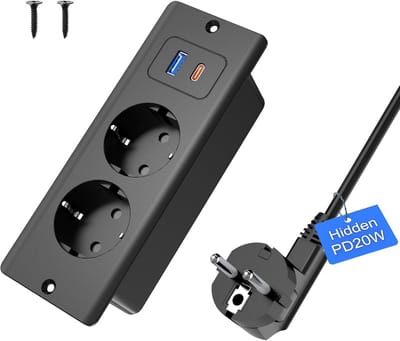 Inbouwstopcontact met USB C 20W en 2 USB A poorten - 4-in-1 tafelstopcontact met 1.8 m verlengkabel