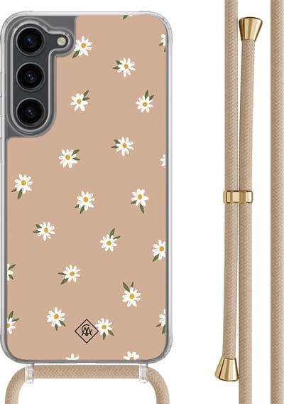 Casimoda® hoesje met beige koord - Geschikt voor Samsung S23 Plus - Sweet Daisies - Afneembaar koord - TPU/polycarbonaat - Bruin/beige