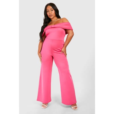 boohoo Dames Plus Scuba Bardot Jumpsuit met strikdetail | Felroze | Maat: 54