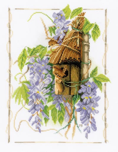 borduurpakket 35160 marjolein bastin, winterkoninkje tussen blauwe regen