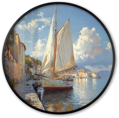 Poster in lijst Rond - Fotolijst 60x60 cm - Posters - Zeilschip - Huizen - Kade - Zee - Ronde posterlijst zwart - Decoratie - Wanddecoratie woonkamer - Muurdecoratie slaapkamer