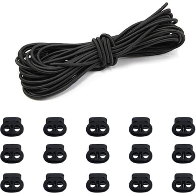 Dailygoods- Koordslot 15 Stuks - Kunststof - Antislip Trekkoord - Dubbel Gat Veer Koord Slot - 5 m Elastisch Koord - 24x21 mm - Trekkoordslot