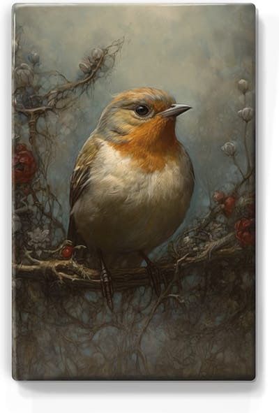 Roodborstje met roosjes - Handgelakt - 19,5 x 30 cm - Niet van echt te onderscheiden schilderijtje op hout - Mooier dan een print op canvas - Laqueprint.