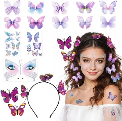 Kleurrijk 14-delig Vlinder Kostuum voor Vrouwen, Inclusief Vlinder Haarband en Tijdelijke Tattoos voor Carnaval en Halloween