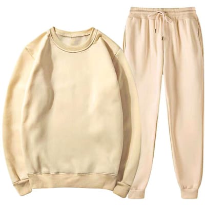 2 Pièces/Kit Combinaison Sweat à Capuche Unisexe Col Rond Manches Longues Sweat de Sport Pantalon à Taille Élastique Cordon de Serrage Tenue Fitness S kaki