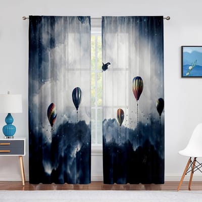 Hete Luchtballon Vliegend Boven Sneeuwberg Tule Voile Gordijnen voor Slaapkamer Raamgordijn voor Woonkamer Doorzichtige Gordijnen Vitrages 1 PCS W100XH250cm&Grommet Top