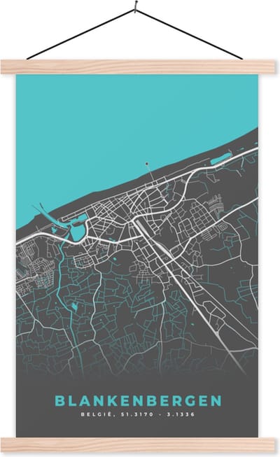 Posterhanger incl. Poster 40x60 cm - Schoolplaat - België – Blankenbergen – Stadskaart – Kaart – Blauw – Plattegrond - Textielposter - Blanke latten - Stadskaart