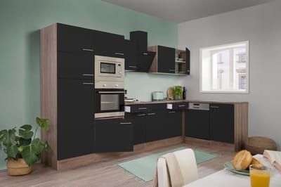 Hoekkeuken 340  cm - complete keuken met apparatuur Oliver  - Donker eiken/Zwart   - keramische kookplaat - vaatwasser - afzuigkap - oven - magnetron  - spoelbak