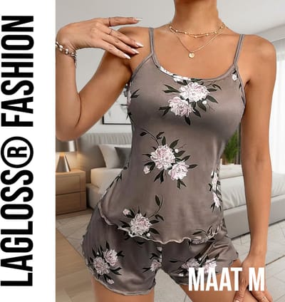 LaGloss® Dames Pyjama Set Bloemblaadjesprint – Mouwloos en Short – Luchtig en Comfortabel - Maat M