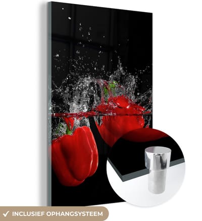 MuchoWow® Glasschilderij 120x180 cm - Schilderij acrylglas - Paprika - Groente - Stilleven - Water - Rood - Foto op glas - Schilderijen