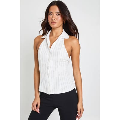 boohoo Dames Gestreept Linnen-look Gilet Met Kraag | Creme | Maat: 36