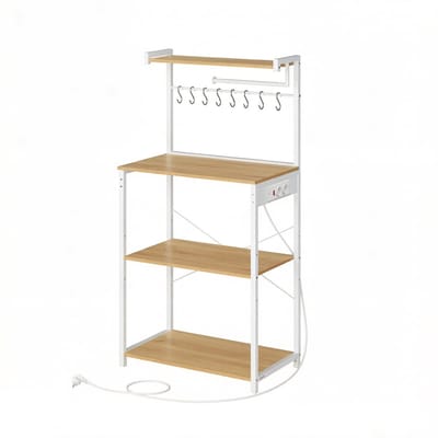 Keukenrek Magnetronrek Vloerstaand Opbergrek Keukenopbergrek Met Meerdere Opbergvakken, Stopcontact, Verstelbare Planken en 8 S-Haken Eenvoudig te Monteren en Schoon te Maken Geschikt voor Keuken en Eetkamer 40x60x140cm Wit en Hout