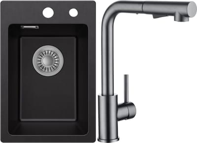 CECIPA max Spoelbak voor keuken 30x45cm - Granieten Spoelbakken Met Keukenkraan Met Uittrekbare Uitloop - Enkele spoelbak Zwart - Wasbak met waterafvoersysteem