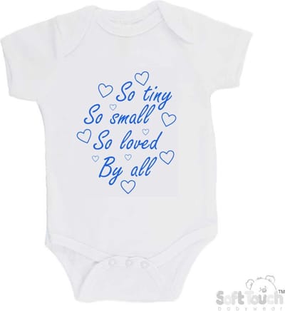 100% katoenen Romper "So Tiny So small So loved By all" Jongens Katoen Wit/blauw Maat 56/62