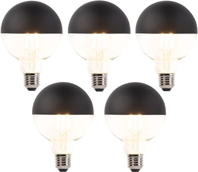 LUEDD Set van 5 E27 dimbare LED filamentlamp kopspiegel G95 zwart 550lm 2700K