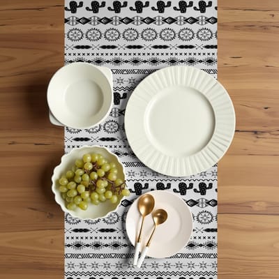 ABAKUHAUS Vintage Tribal tafelloper – Azteekse lijnen – 40x300 cm – antraciet/wit