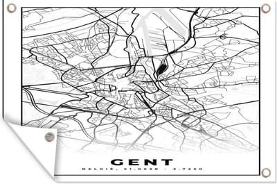 Muurdecoratie Stadskaart – Plattegrond – België – Zwart Wit – Gent – Kaart - 180x120 cm - Tuinposter - Tuindoek