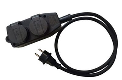 Medelon Verlengkabel + Multibloc 4‑voudig IP44 — H07RN‑F 3G2,5 5 m - verlengkabel werf, buitenkabel, 16A, VDE stekker - verlengkabel werf, buitenkabel H07RN‑F, multibloc 4 stopcontacten IP44, verlengkabel 16A 5m, VDE stekker verlengkabel