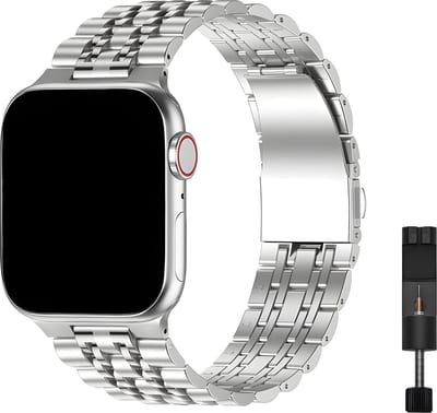 Innerlight® Grandeur - Zilver - 42/44/45/46/49mm - Metalen bandje geschikt voor Apple Watch - Stainless Steel Watch Band - Roestvrijstaal - Horlogeband - Geschikt als Apple watch bandje voor Series 1/2/3/4/5/6/7/8/9/10/11/SE/Ultra/Ultra 2