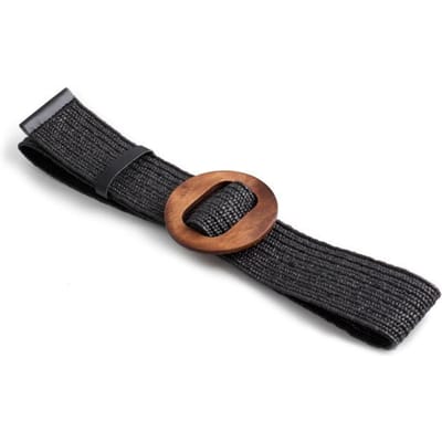 Vrouwen brede gevlochten elastische riem voor jurk ronde bamboe gesp casual mode gordel hout jade gesp nep stro tailleband 95cm black