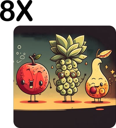 Luxe Placemat - Getekend Vrolijk Fruit - Set van 8 Placemats - 50x50 cm - 2 mm dik Vinyl - Anti Slip - Afneembaar