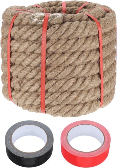 Jute touw 3,1 cm x 22,4 m, gevlochten natuurlijk touw voor knutselen, schommels en landschapsarchitectuur, sterk en veelzijdig