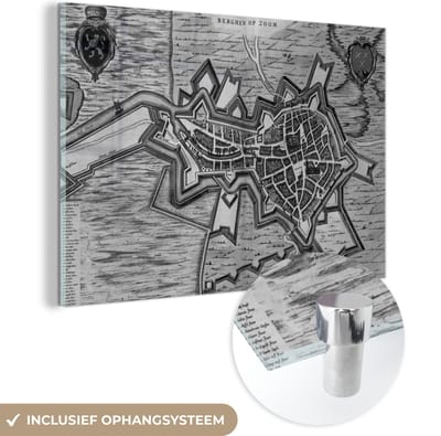 MuchoWow® Glasschilderij 60x40 cm - Schilderij acrylglas - Stadskaart - Bergen op Zoom - Zwart Wit - Foto op glas - Schilderijen - Plattegrond