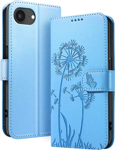 Zanae, Portemonnee Hoesje Geschikt voor Apple iPhone 17e Premium Design Bloemen Vlinder, Lichtblauw