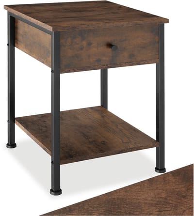 tectake® Bijzettafel met lade en 2 planken - Nachtkastje in industrieel design - Voor woonkamer, slaapkamer, kantoor, hal - Zwart metalen frame - Afmeting (LxBxH) 40 x 40 x 55,5 cm - Donkerbruin