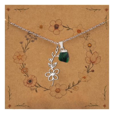 Bixorp Geboortebloem + Geboortesteen Ketting Mei - Meidoorn & Smaragd - Zilverkleurig Stainless Steel - Bloem & Ruwe Edelsteen Hanger - 45+5cm