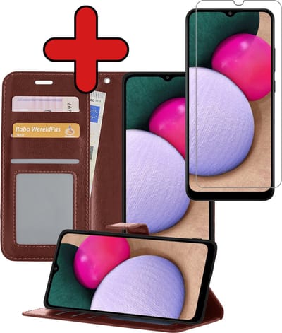 Hoesje - Met Screenprotector - Geschikt voor Samsung Galaxy A02s - Luxe Pasjeshouder - Flipcase - Bookcase Portemonee - Flip Case - Kunstleer Book Case - Book Cover - Walletcase - Portemonneehoes - Telefoonhoes - Bruin
