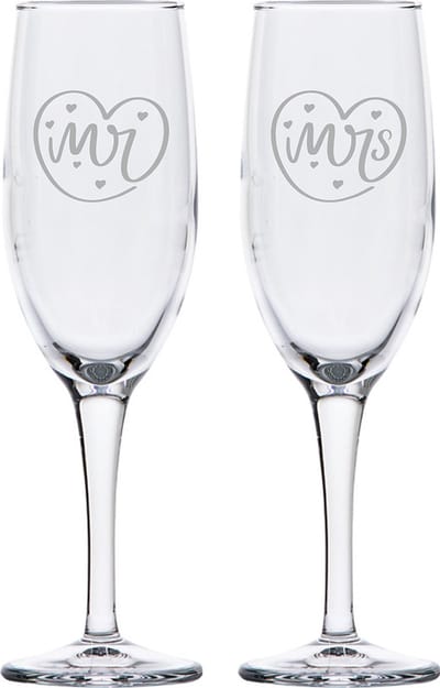 Gegraveerde set Champagneglazen 16,5cl Mr. In hartje - Mrs. In hartje