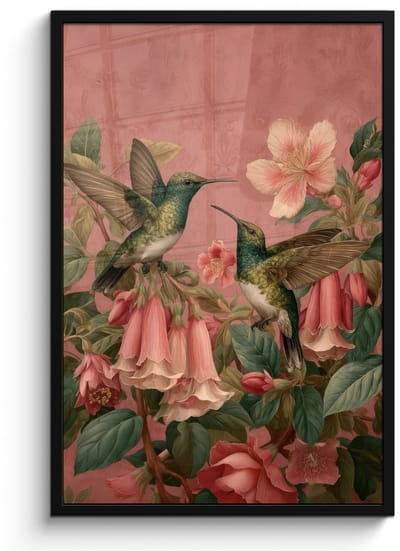 Poster in lijst - Fotolijst 60x90 cm - Posters - Kolibries - Bloemen - Groen - Roze - Posterlijst zwart - Decoratie - Wanddecoratie woonkamer - Muurdecoratie slaapkamer