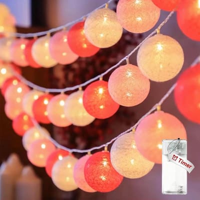 Cosensi - Dailygoods - Lichtketting met Katoenen Bollen Roze Wit Rood